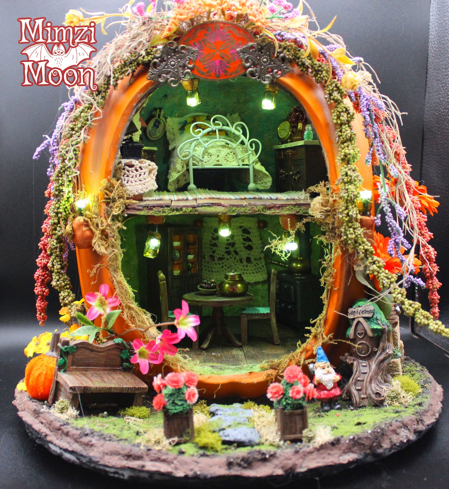 Furnished and Lighted Fairy House.  Handmade Pumpkin Dollhouse.