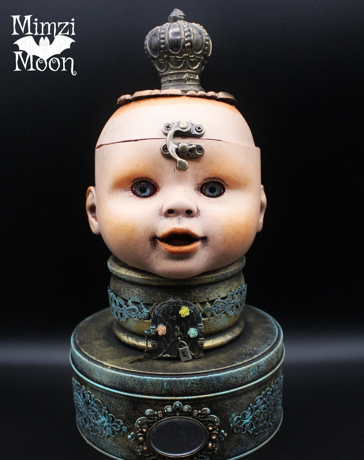 Altered Art Doll.  Baby Head Box. Mixed Media Steampunk Table Decoration.