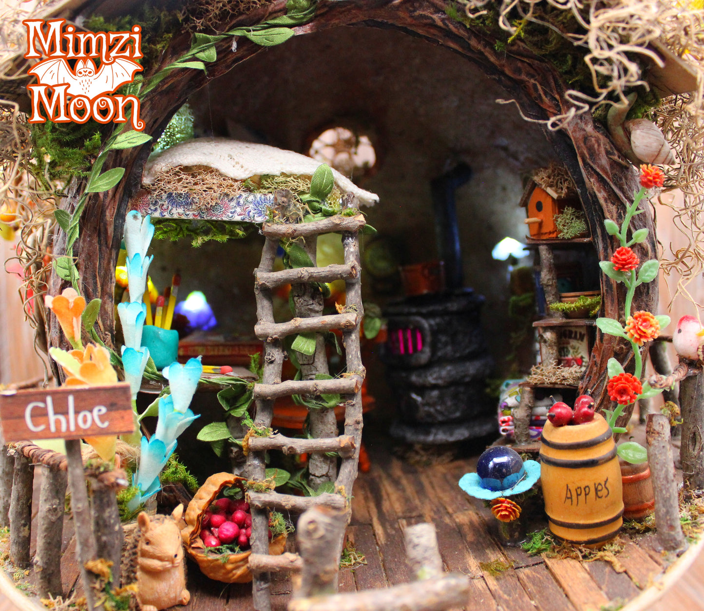 Furnished and Lighted Fairy House.  Handmade Dollhouse with Elf Doll.