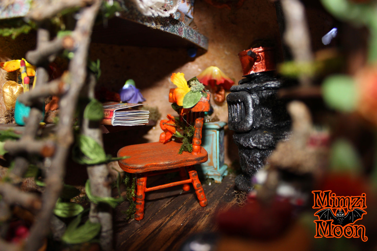 Furnished and Lighted Fairy House.  Handmade Dollhouse with Elf Doll.