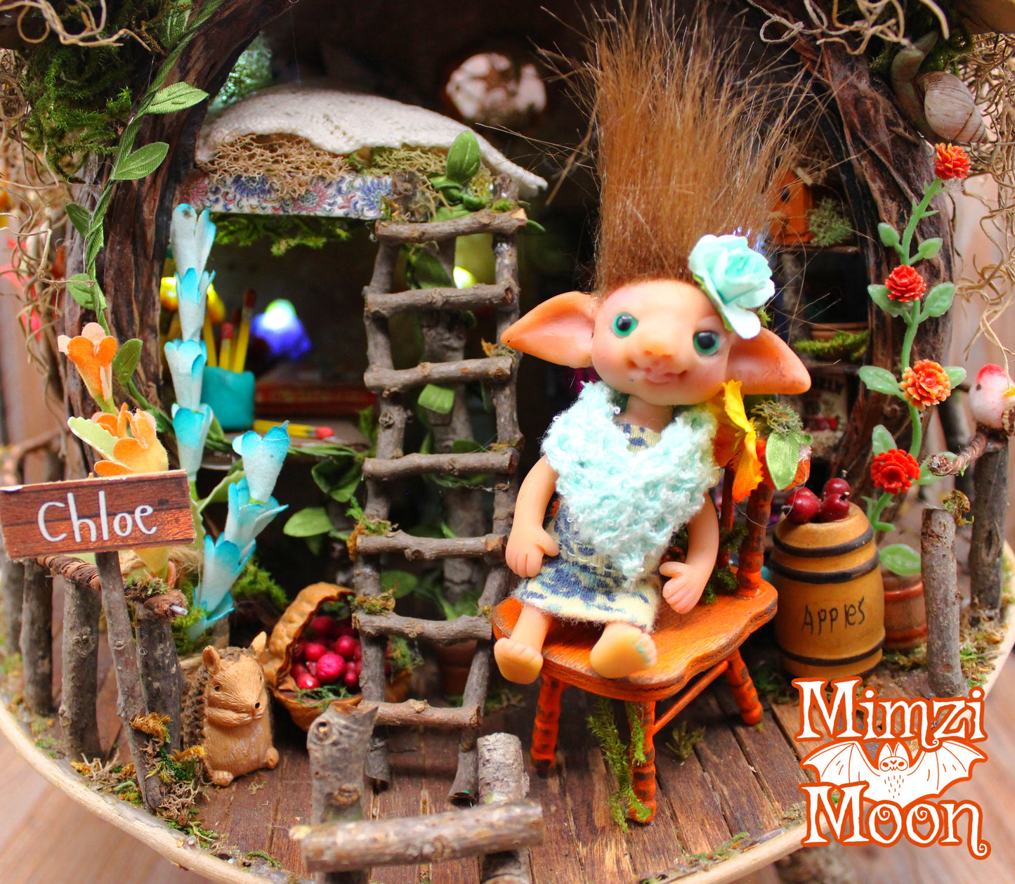 Furnished and Lighted Fairy House.  Handmade Dollhouse with Elf Doll.