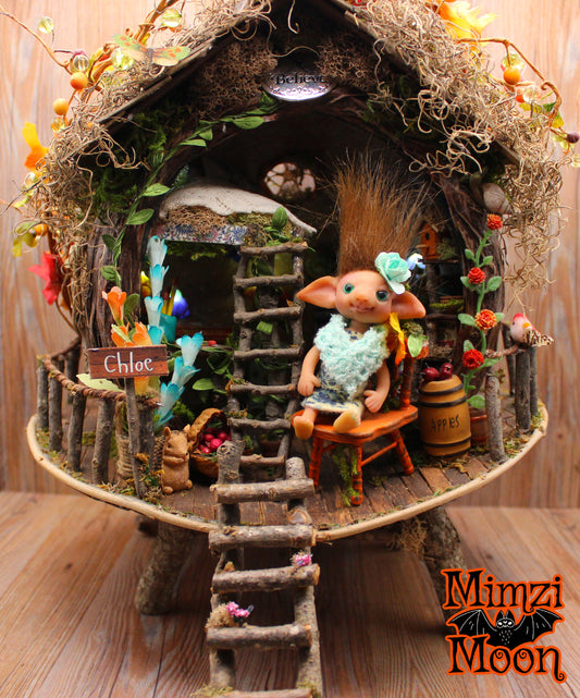 Furnished and Lighted Fairy House.  Handmade Dollhouse with Elf Doll.