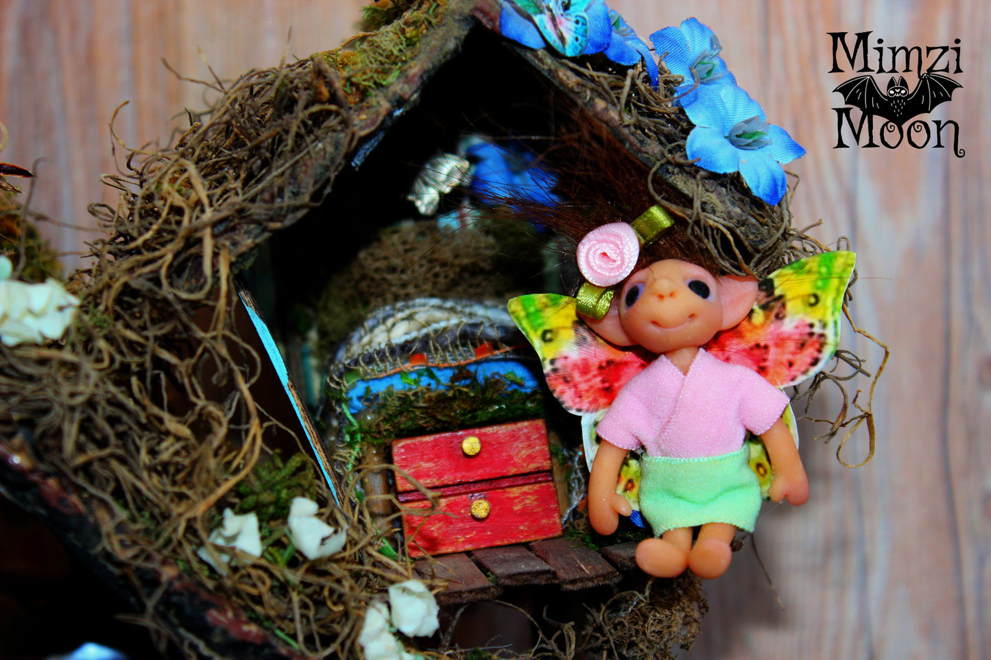 Furnished and Lighted Fairy House.  Handmade Dollhouse with Elf Dolls.