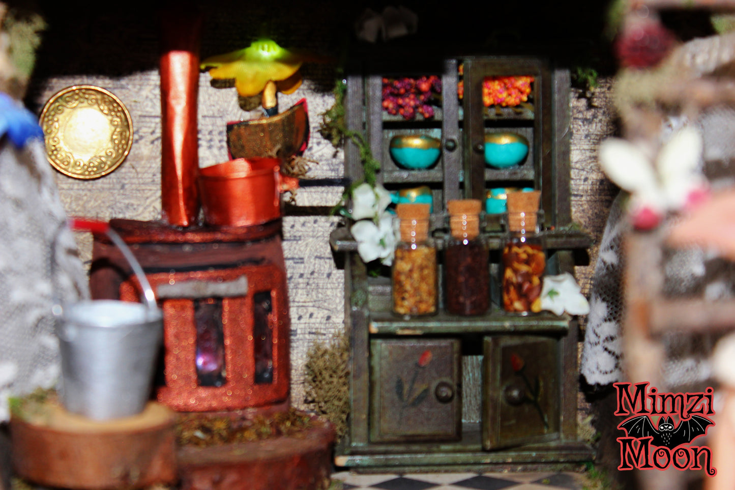 Furnished and Lighted Fairy House.  Handmade Dollhouse with Elf Dolls.