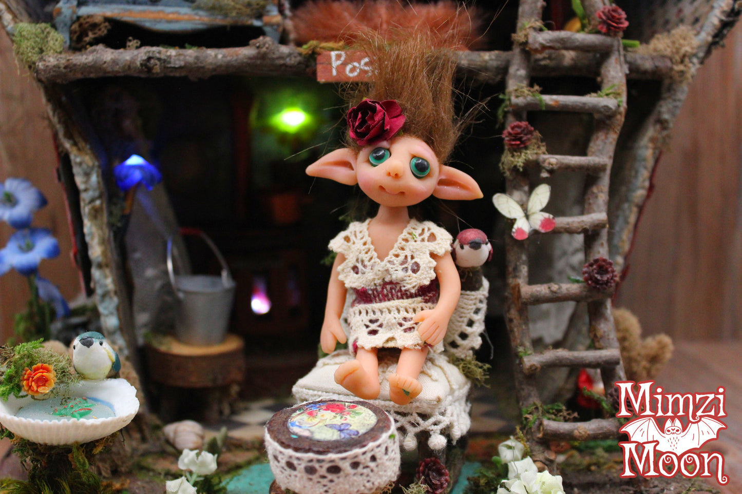 Furnished and Lighted Fairy House.  Handmade Dollhouse with Elf Dolls.