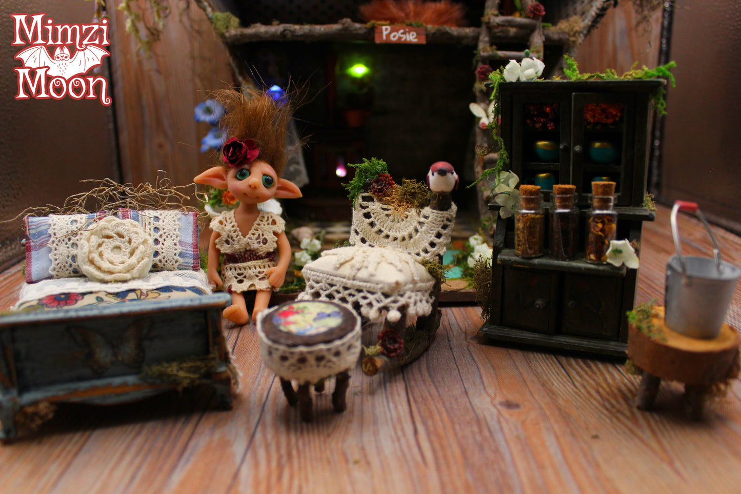 Furnished and Lighted Fairy House.  Handmade Dollhouse with Elf Dolls.