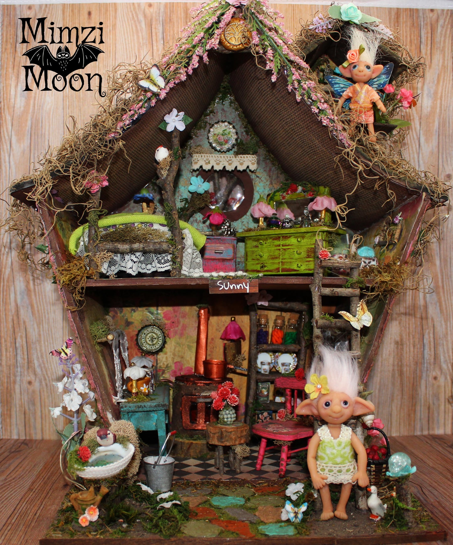 Furnished and Lighted Fairy House.  Handmade Dollhouse with Dolls.