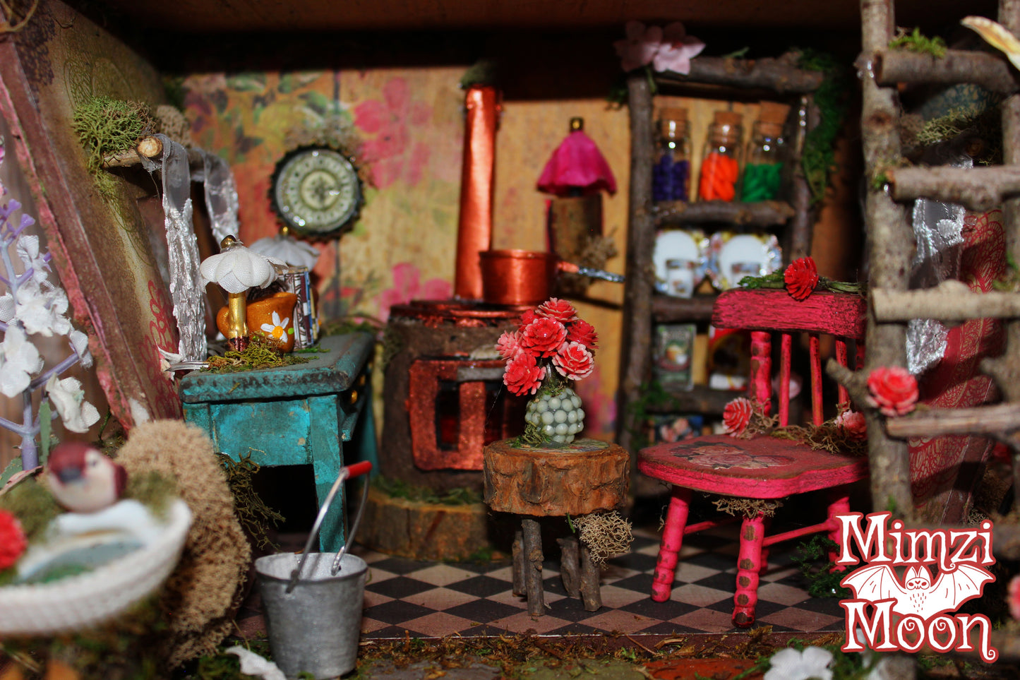 Furnished and Lighted Fairy House.  Handmade Dollhouse with Dolls.