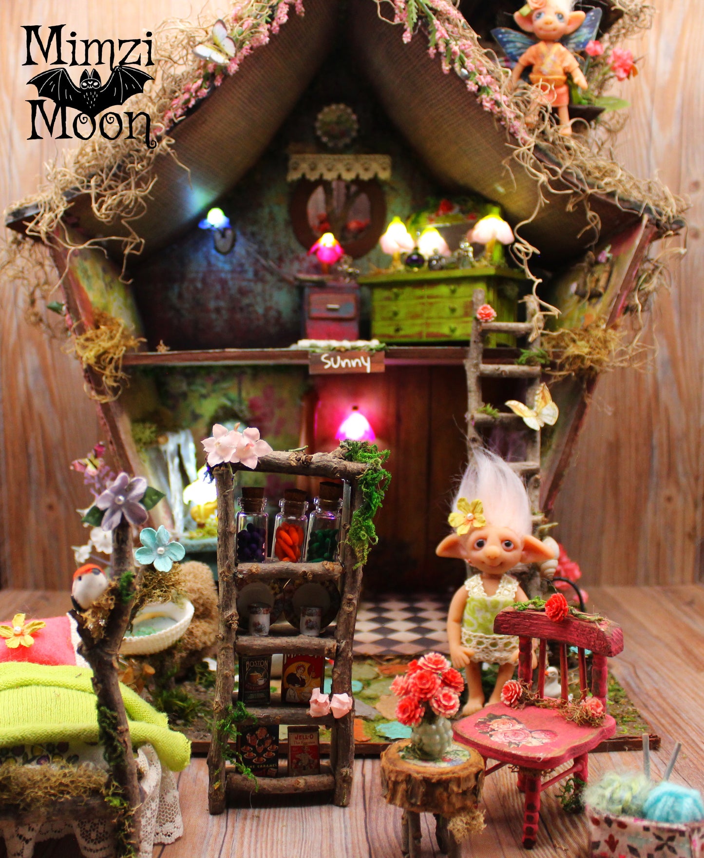 Furnished and Lighted Fairy House.  Handmade Dollhouse with Dolls.