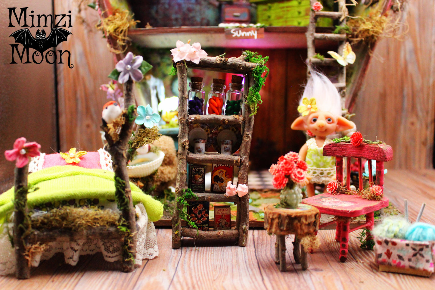 Furnished and Lighted Fairy House.  Handmade Dollhouse with Dolls.