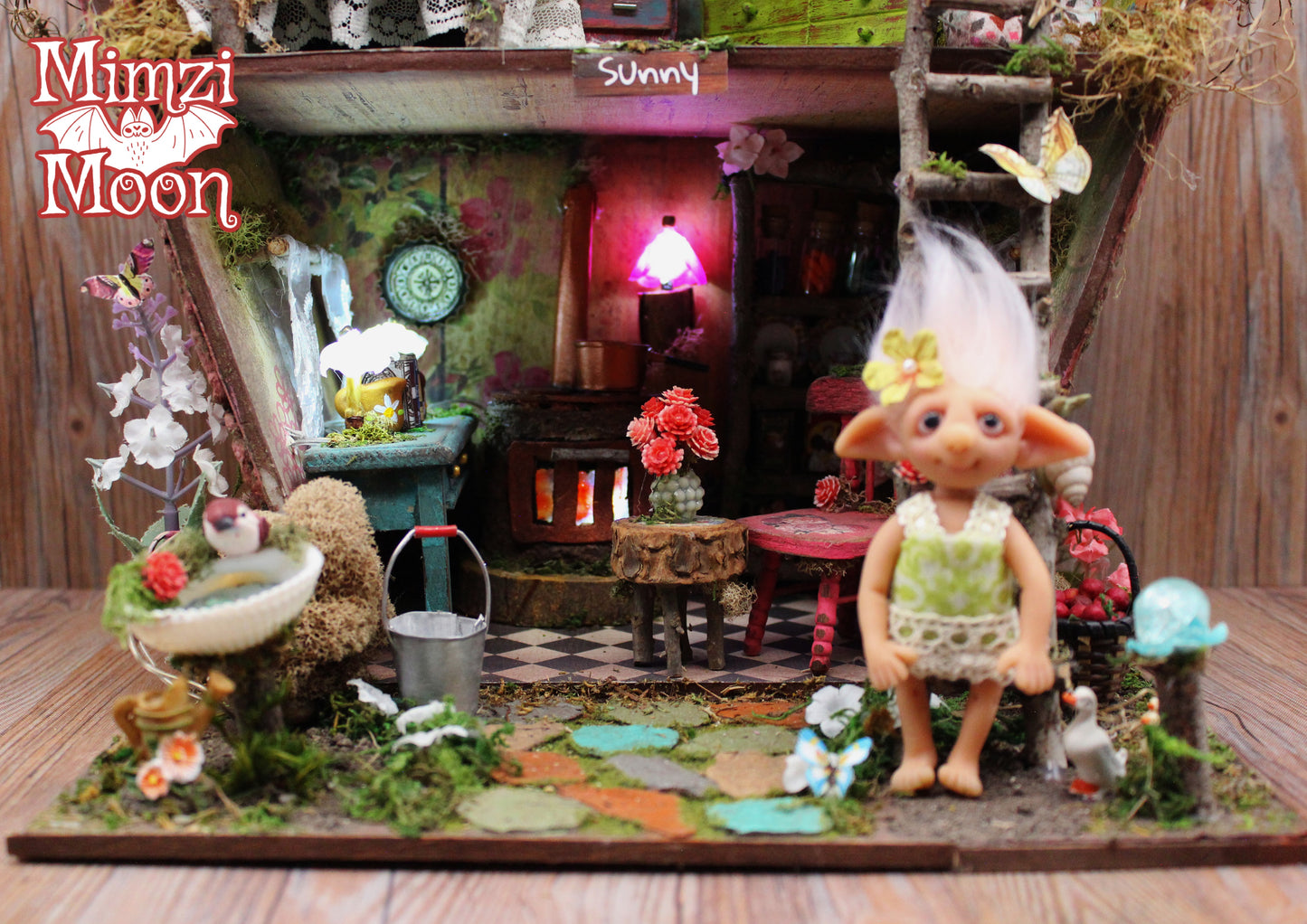 Furnished and Lighted Fairy House.  Handmade Dollhouse with Dolls.