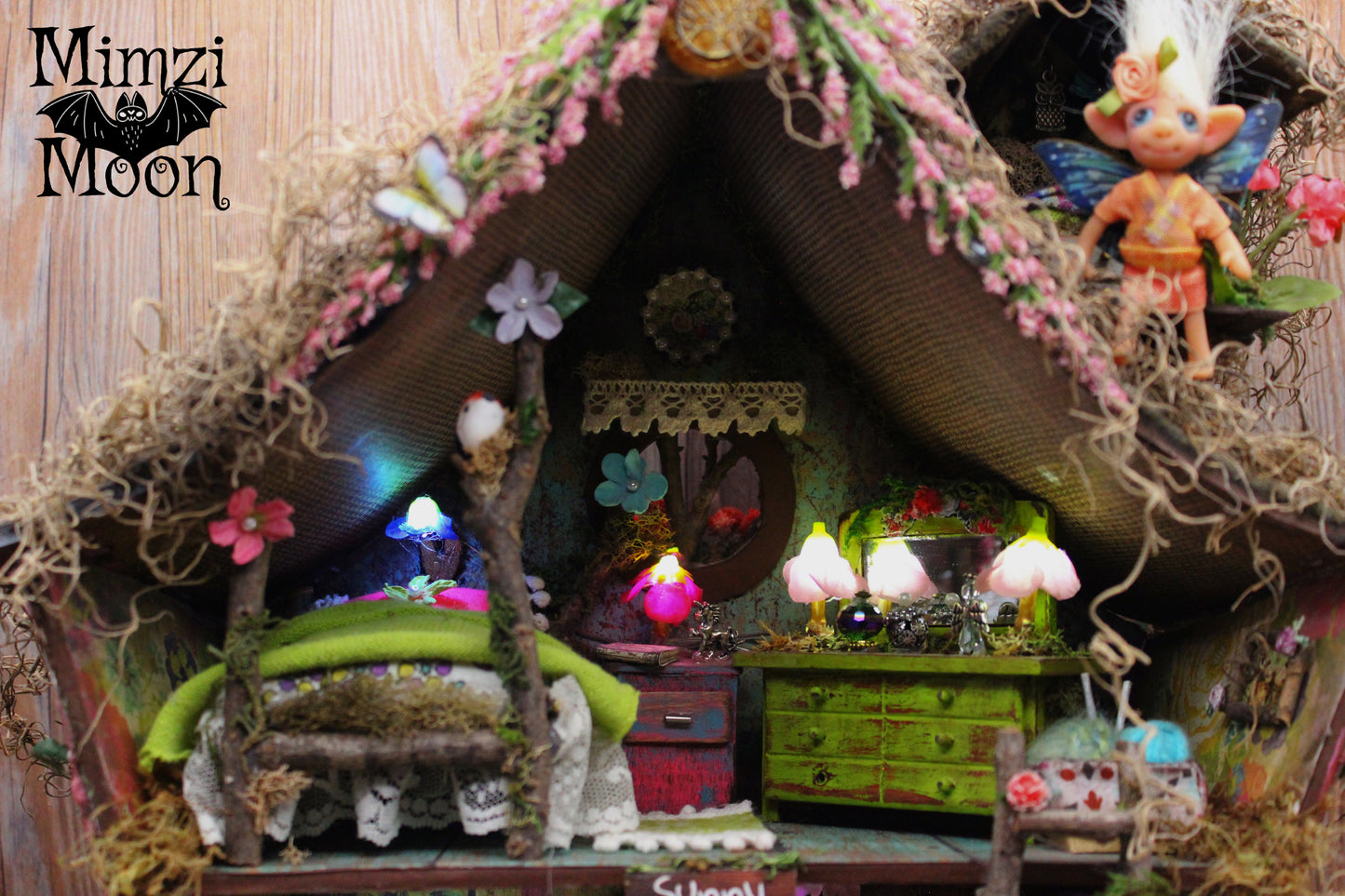 Furnished and Lighted Fairy House.  Handmade Dollhouse with Dolls.