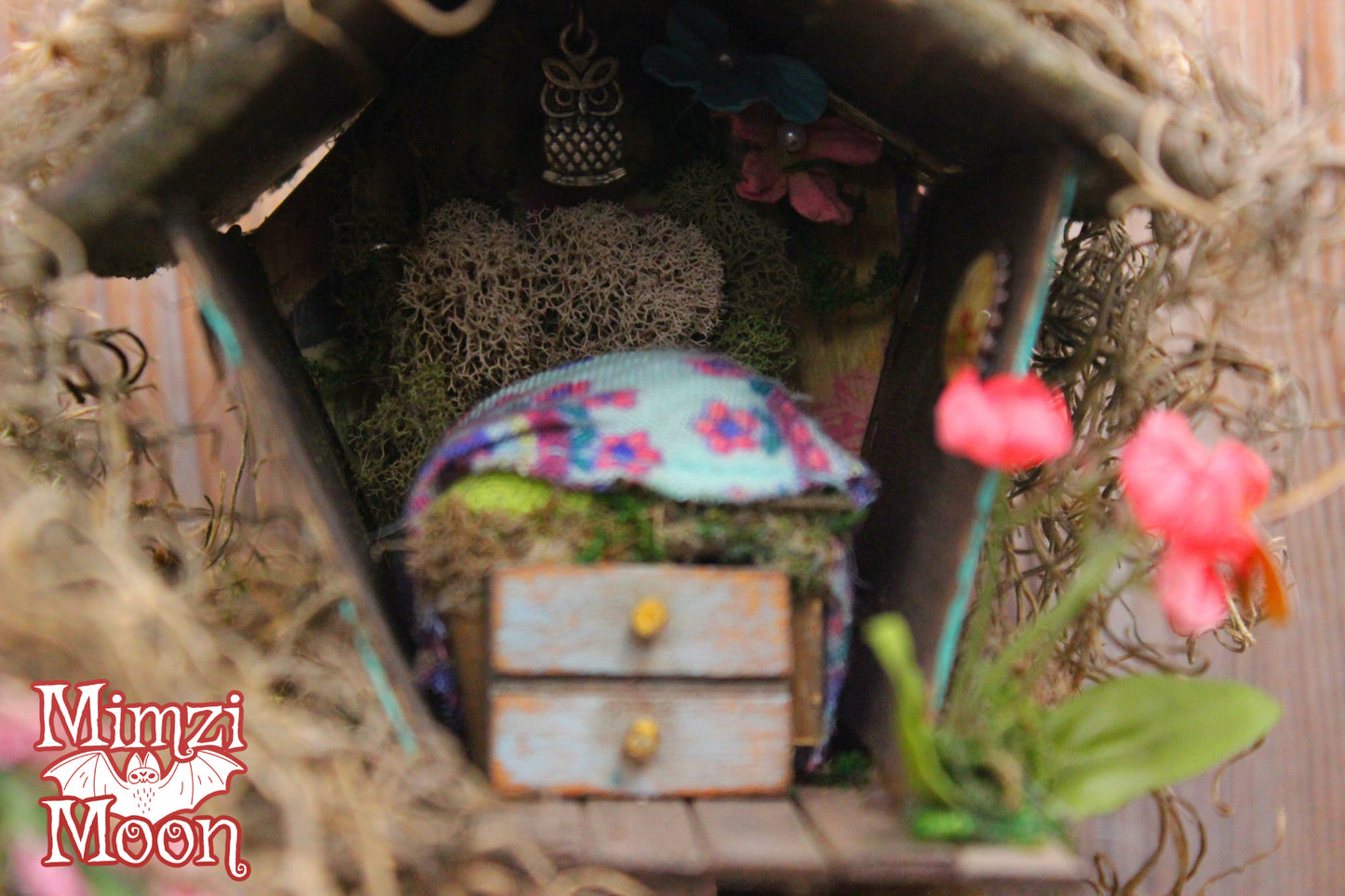 Furnished and Lighted Fairy House.  Handmade Dollhouse with Dolls.