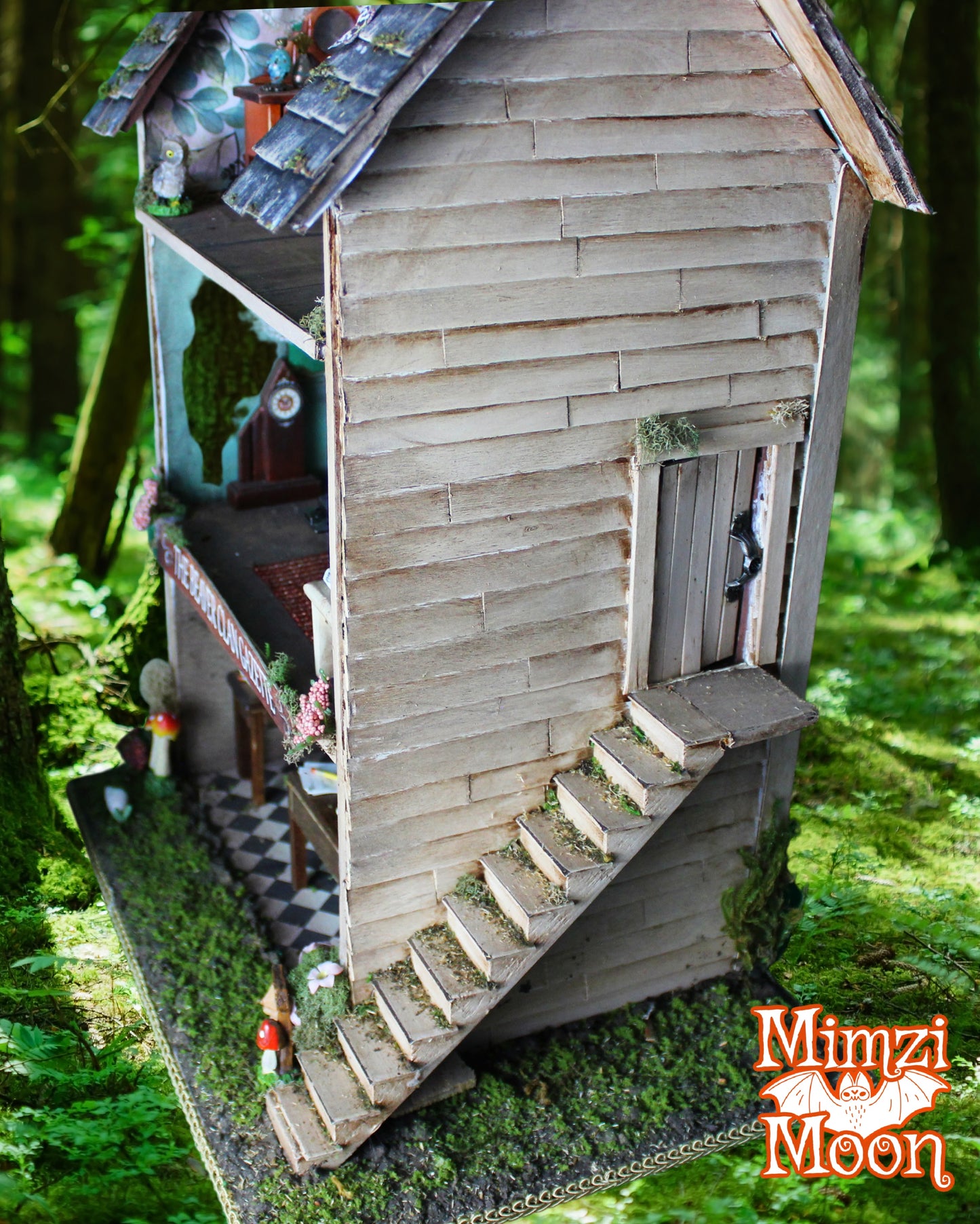 Furnished and Lighted Dollhouse. Handmade Fairy House.  Newsroom. Newspaper Office. Miniature Newspaper Printing Press.