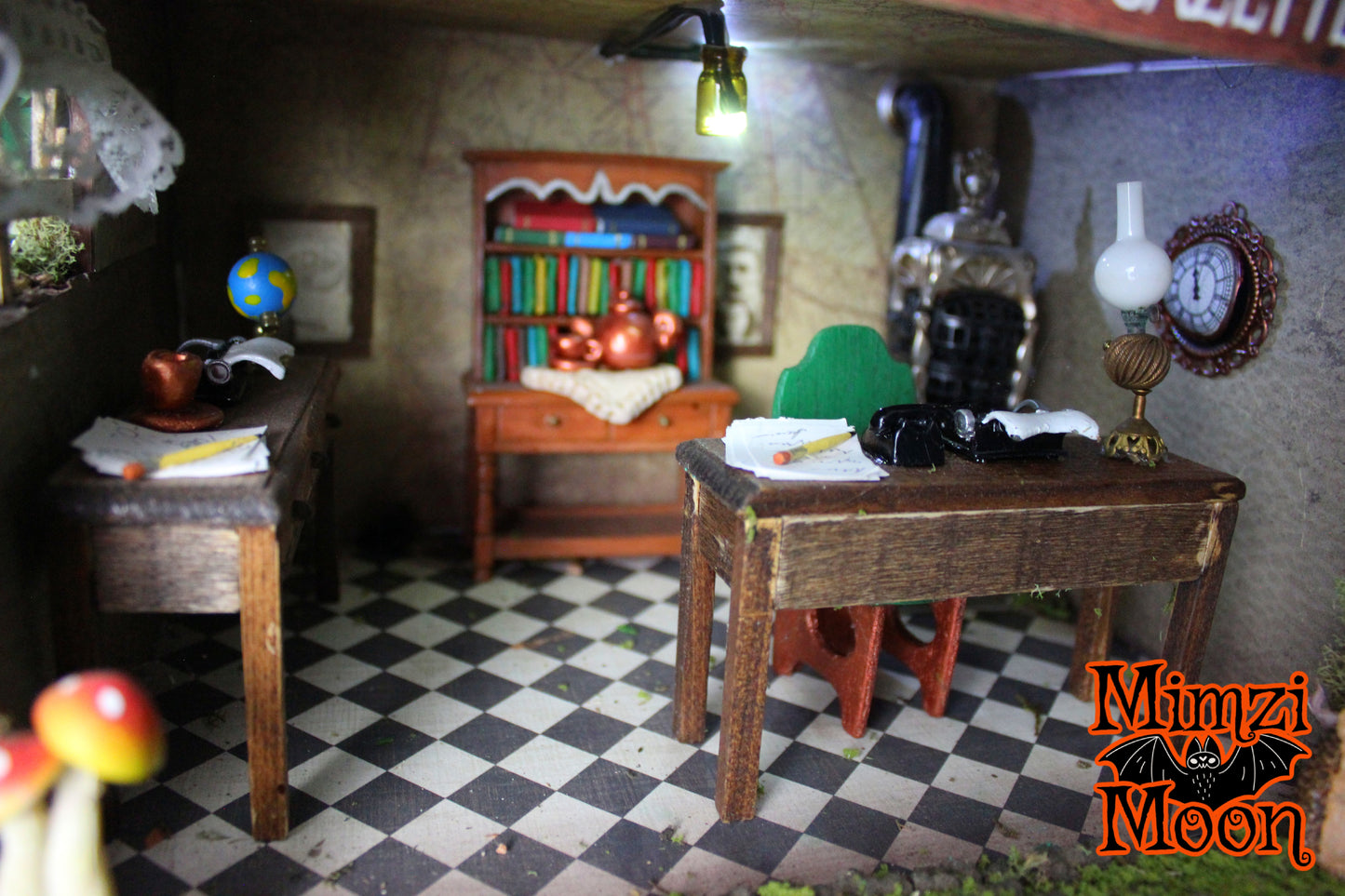 Furnished and Lighted Dollhouse. Handmade Fairy House.  Newsroom. Newspaper Office. Miniature Newspaper Printing Press.