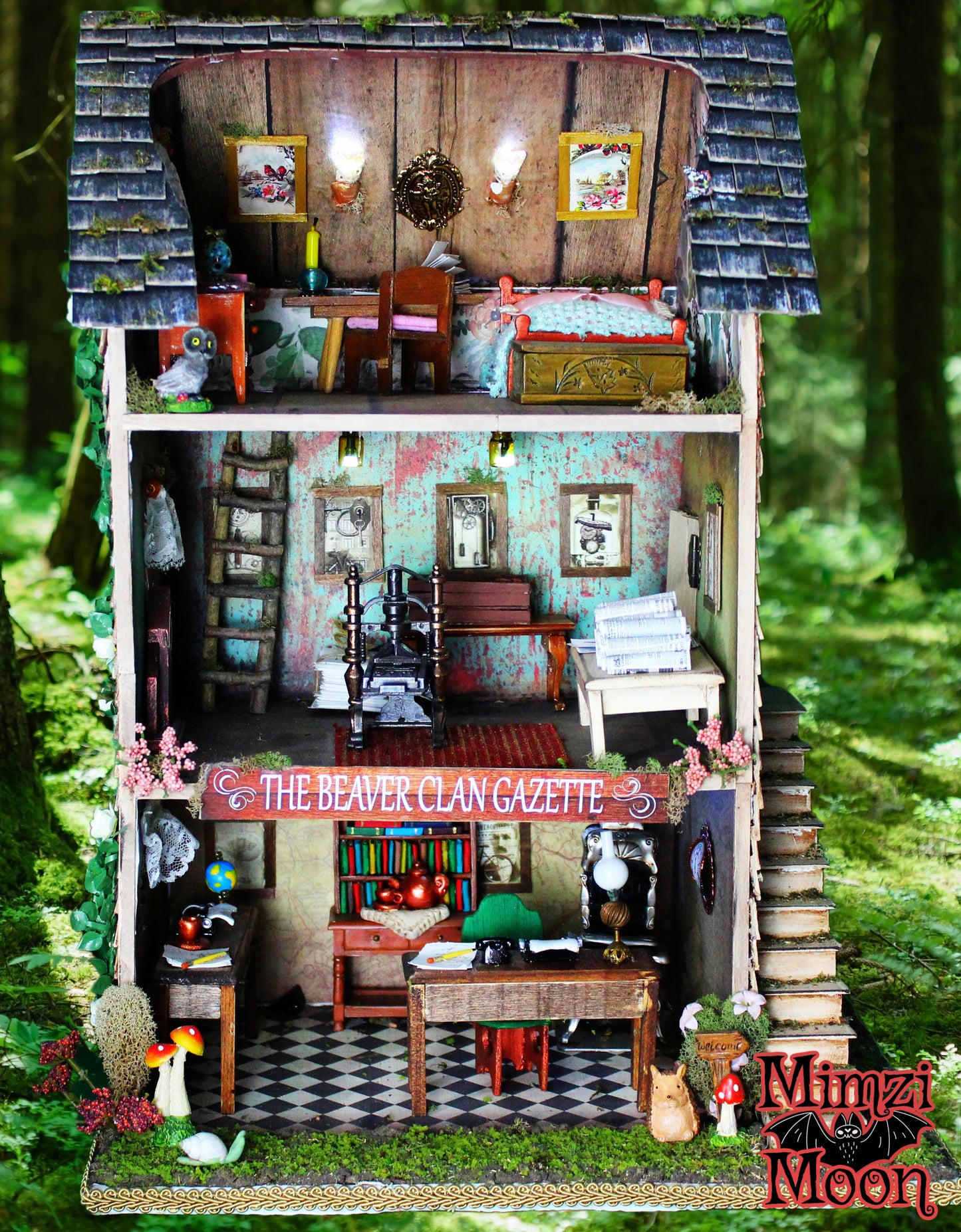 Furnished and Lighted Dollhouse. Handmade Fairy House.  Newsroom. Newspaper Office. Miniature Newspaper Printing Press.