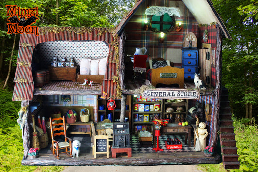 Furnished and Lighted General Store Dollhouse. Handmade Fairy House Grocery Store.