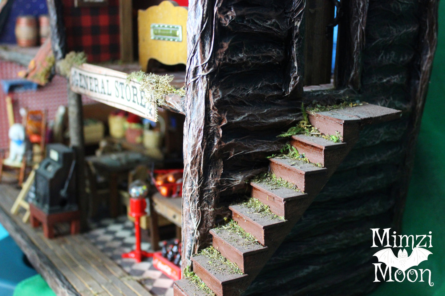 Furnished and Lighted General Store Dollhouse. Handmade Fairy House Grocery Store.