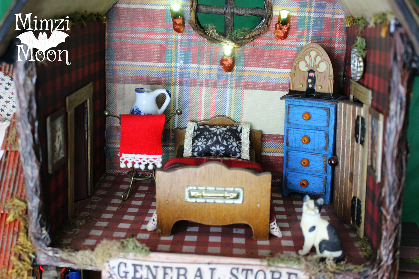 Furnished and Lighted General Store Dollhouse. Handmade Fairy House Grocery Store.