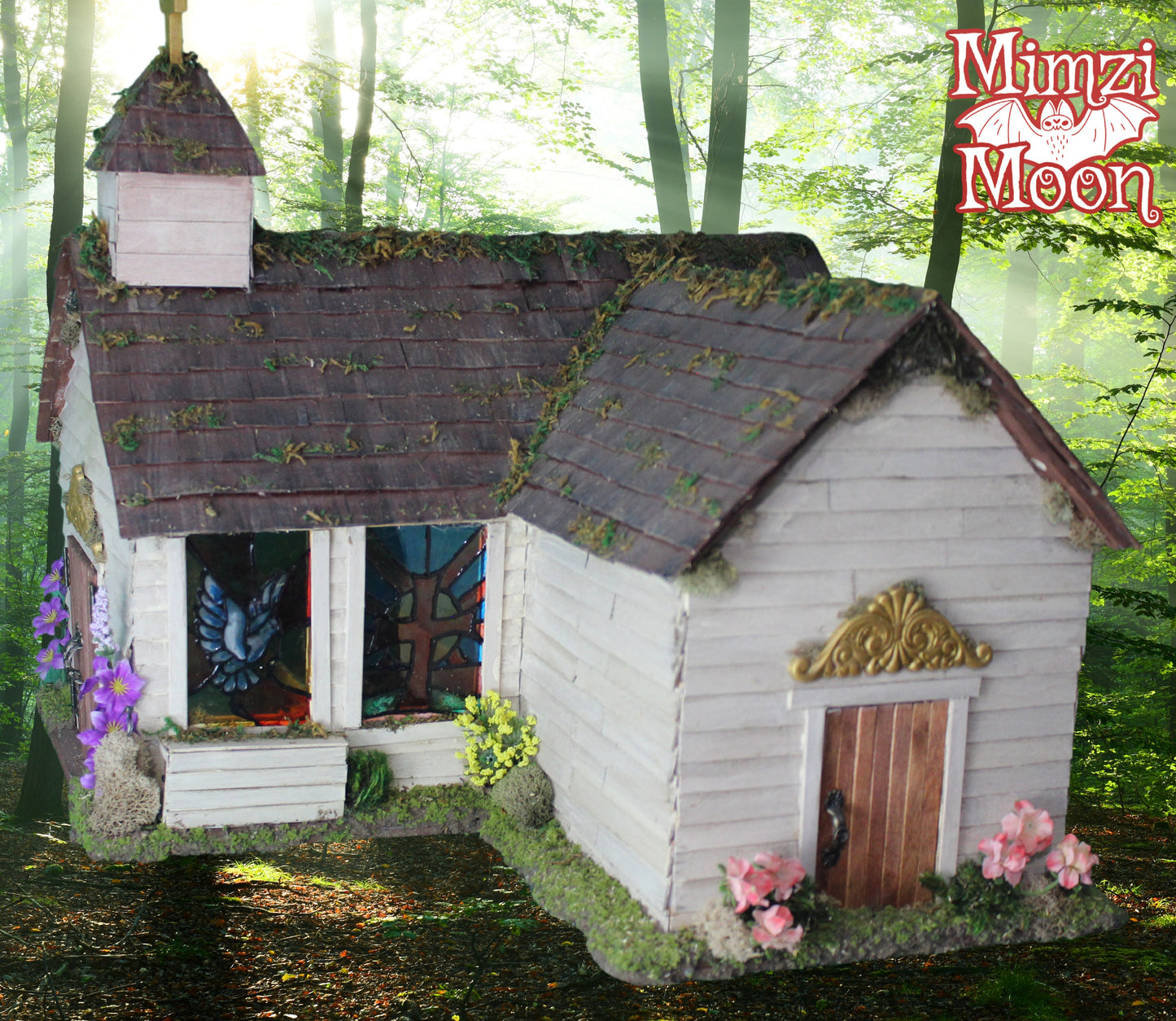 Furnished and Lighted Dollhouse Church.  Handmade Fairy House Church.