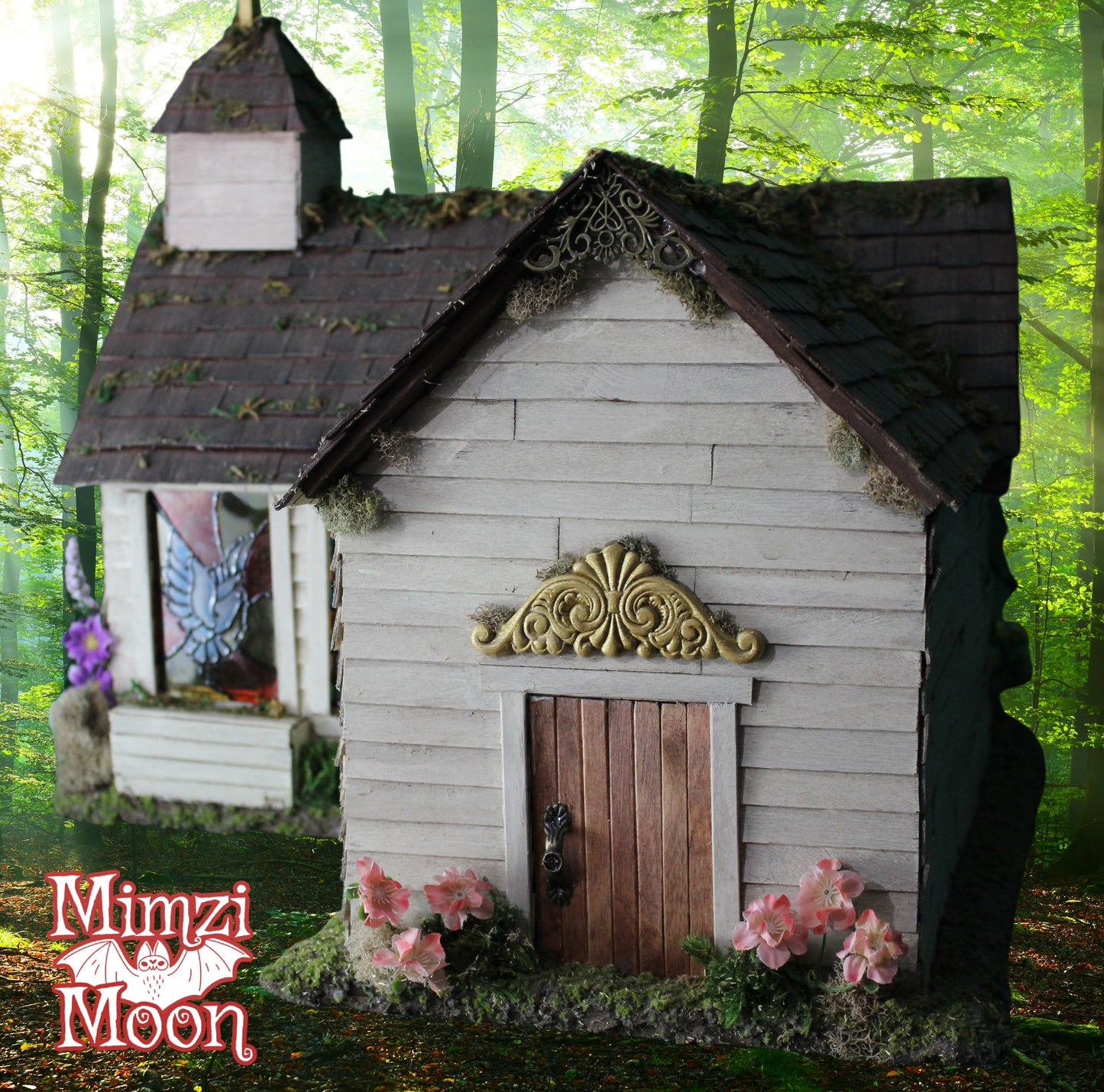 Furnished and Lighted Dollhouse Church.  Handmade Fairy House Church.