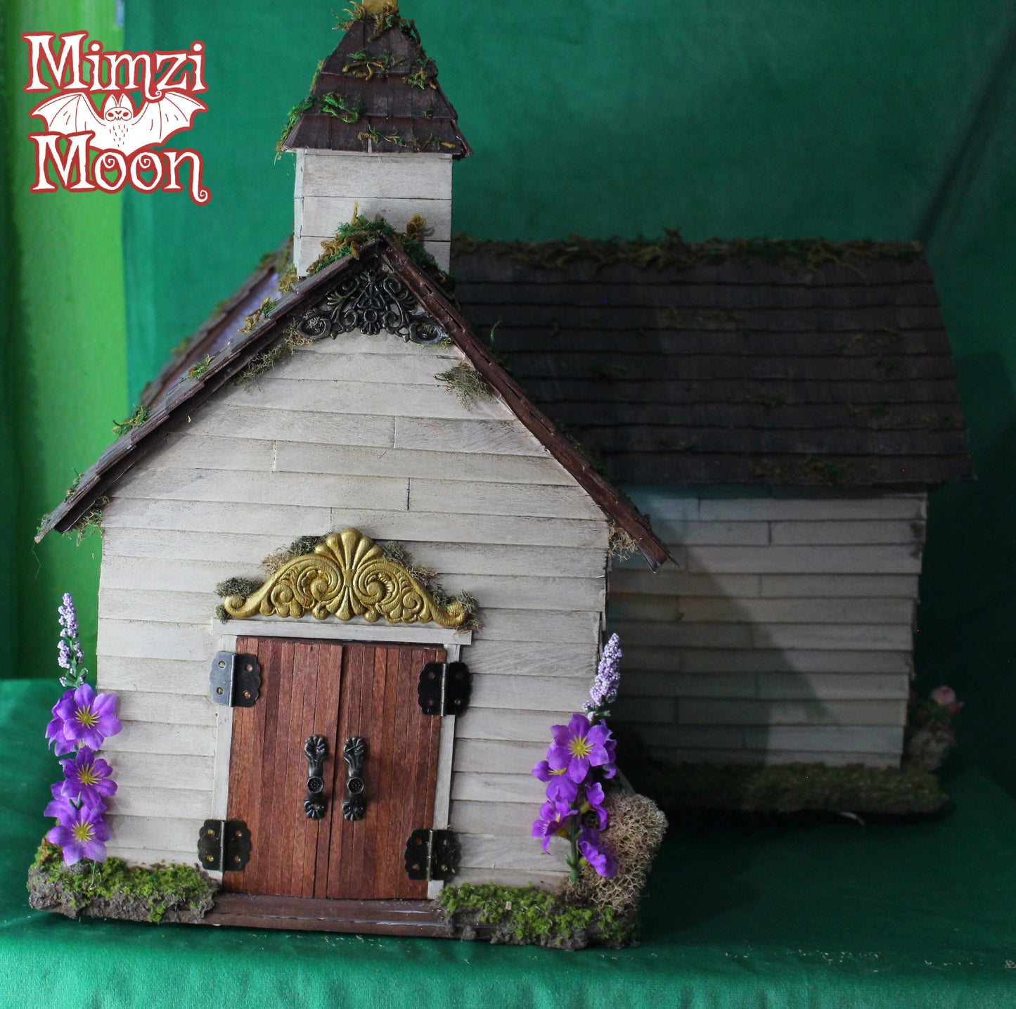 Furnished and Lighted Dollhouse Church.  Handmade Fairy House Church.