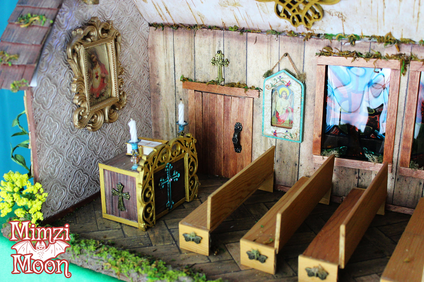 Furnished and Lighted Dollhouse Church.  Handmade Fairy House Church.