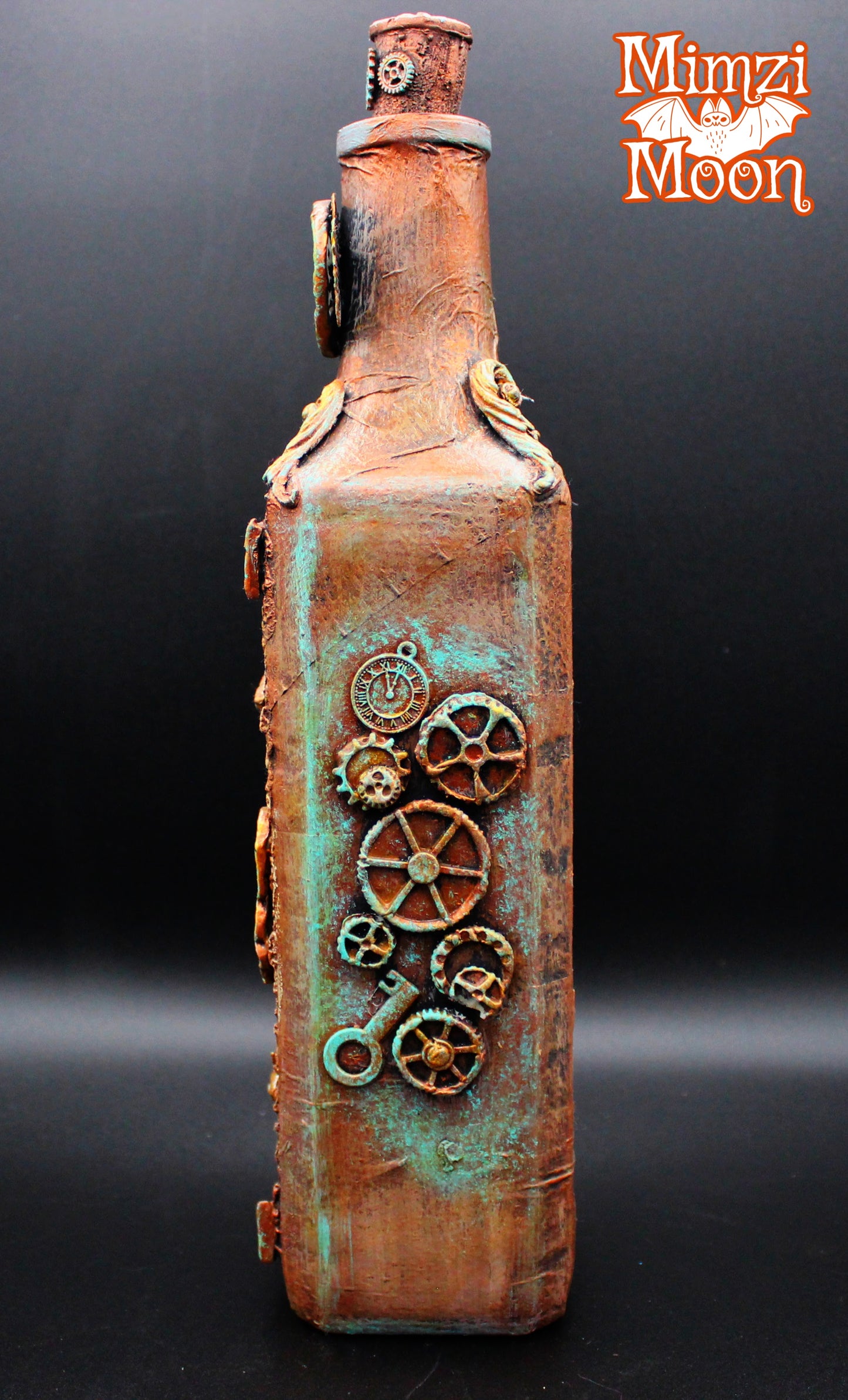 Steampunk Art Bottle. Handmade Mixed Media Tabletop Decoration.