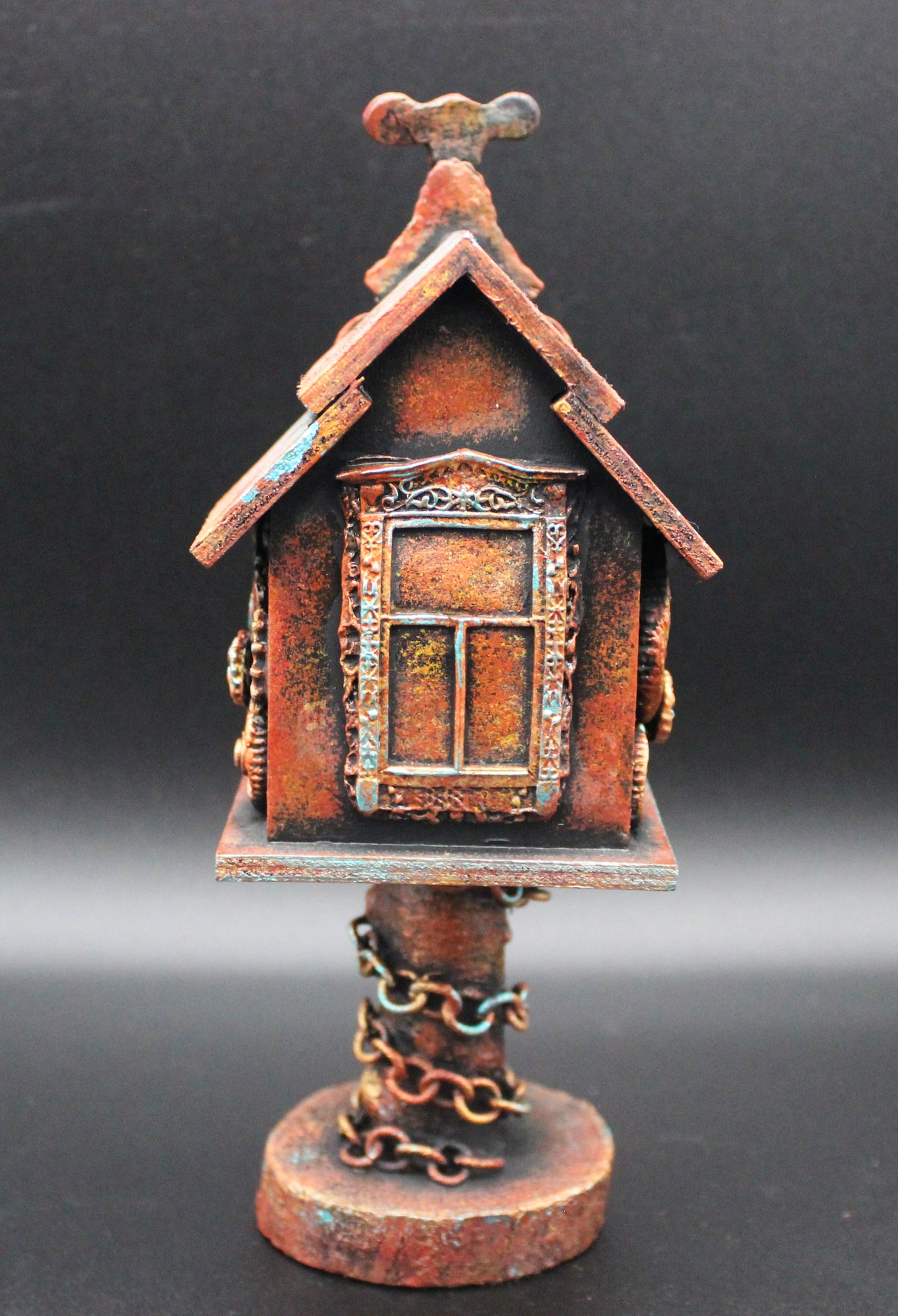 Steampunk Birdhouse Fairy House. Mixed Media Tabletop Decoration.