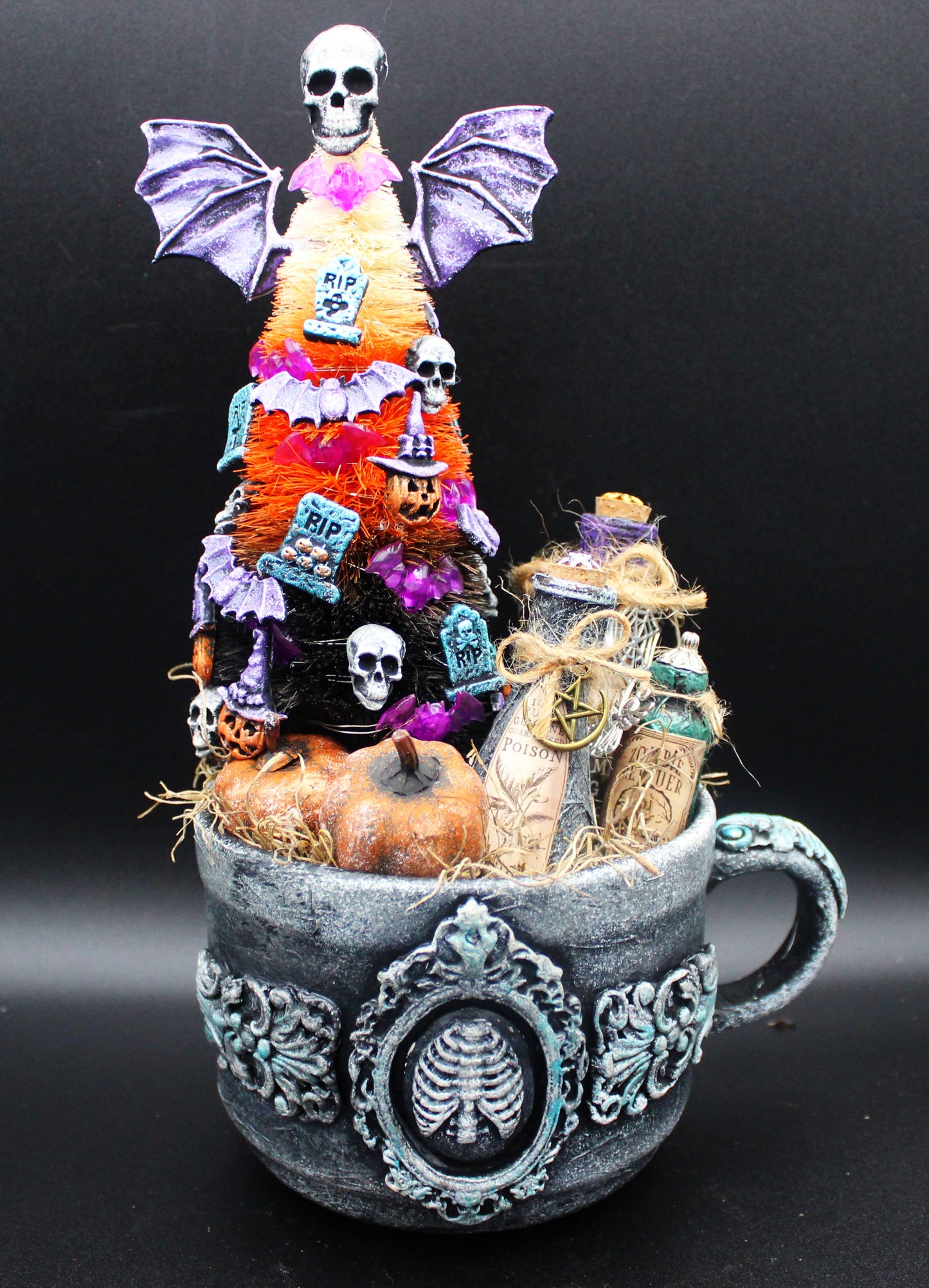 Halloween Tree with Apothecary Bottles and Pumpkins Gothic Decoration.