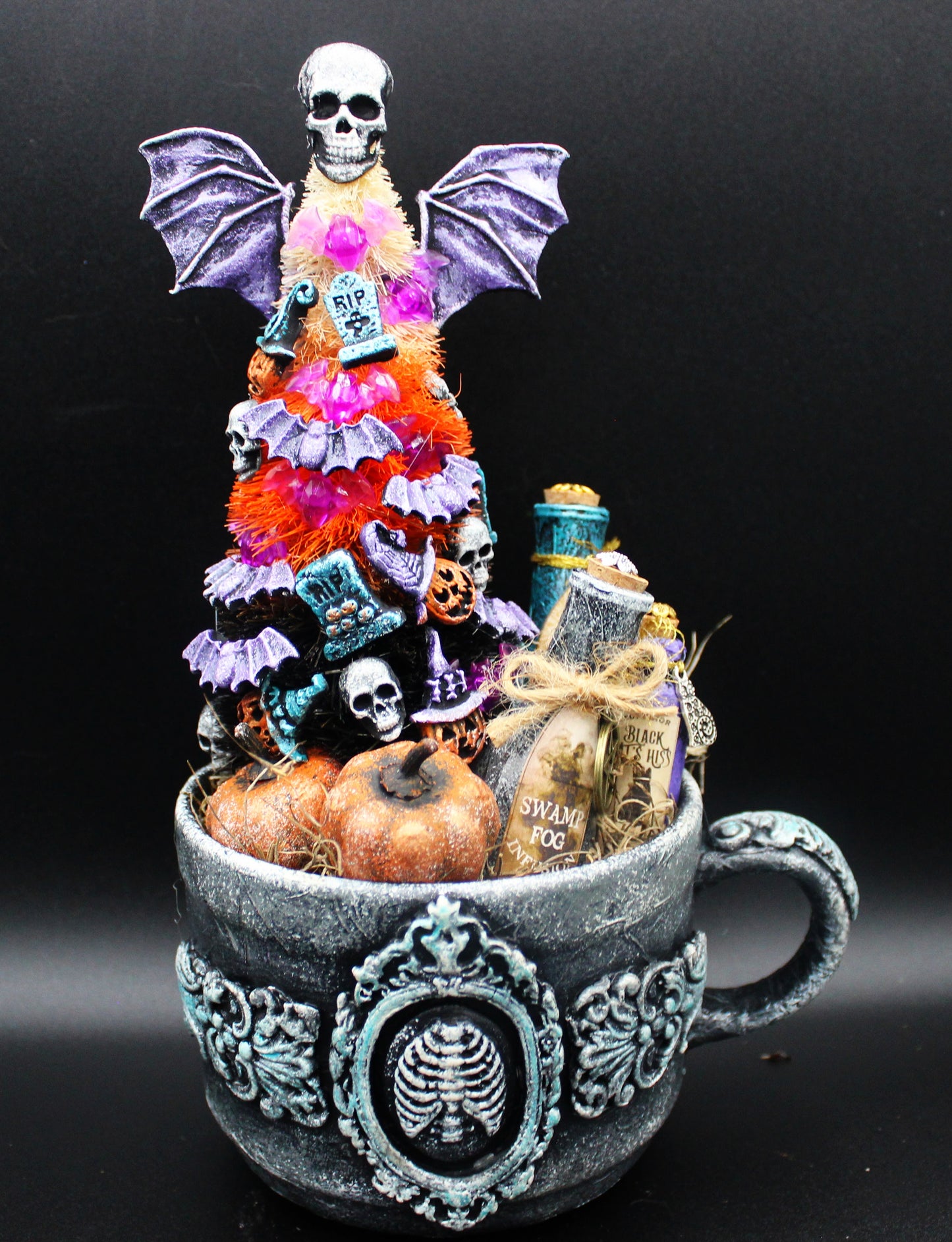 Halloween Tree with Apothecary Bottles and Pumpkins Gothic Decoration.