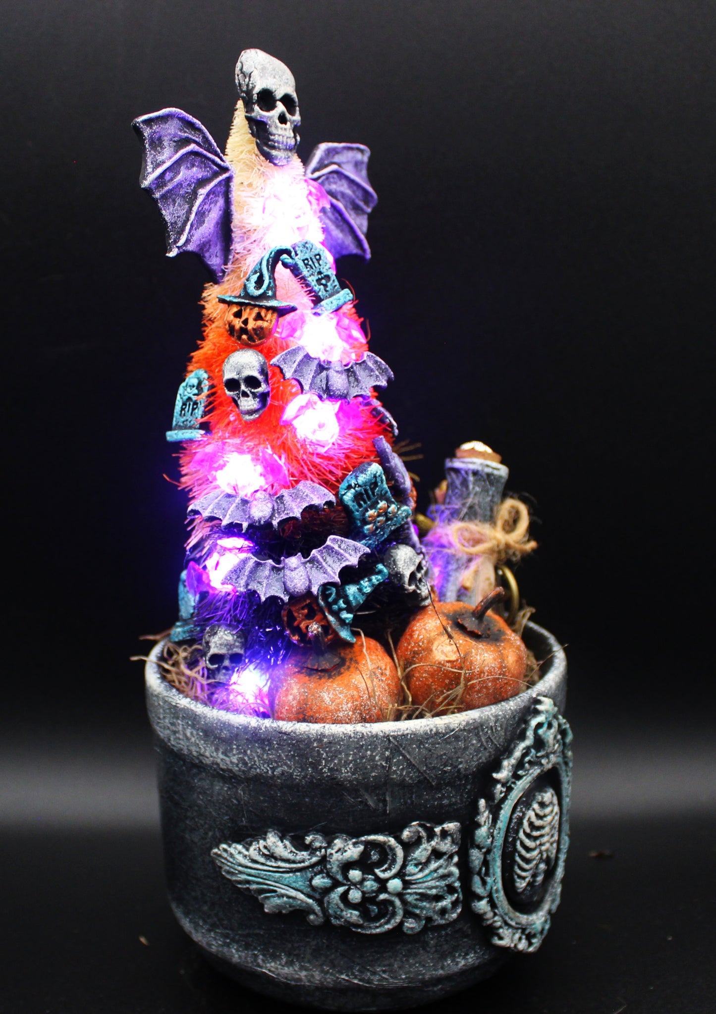 Halloween Tree with Apothecary Bottles and Pumpkins Gothic Decoration.