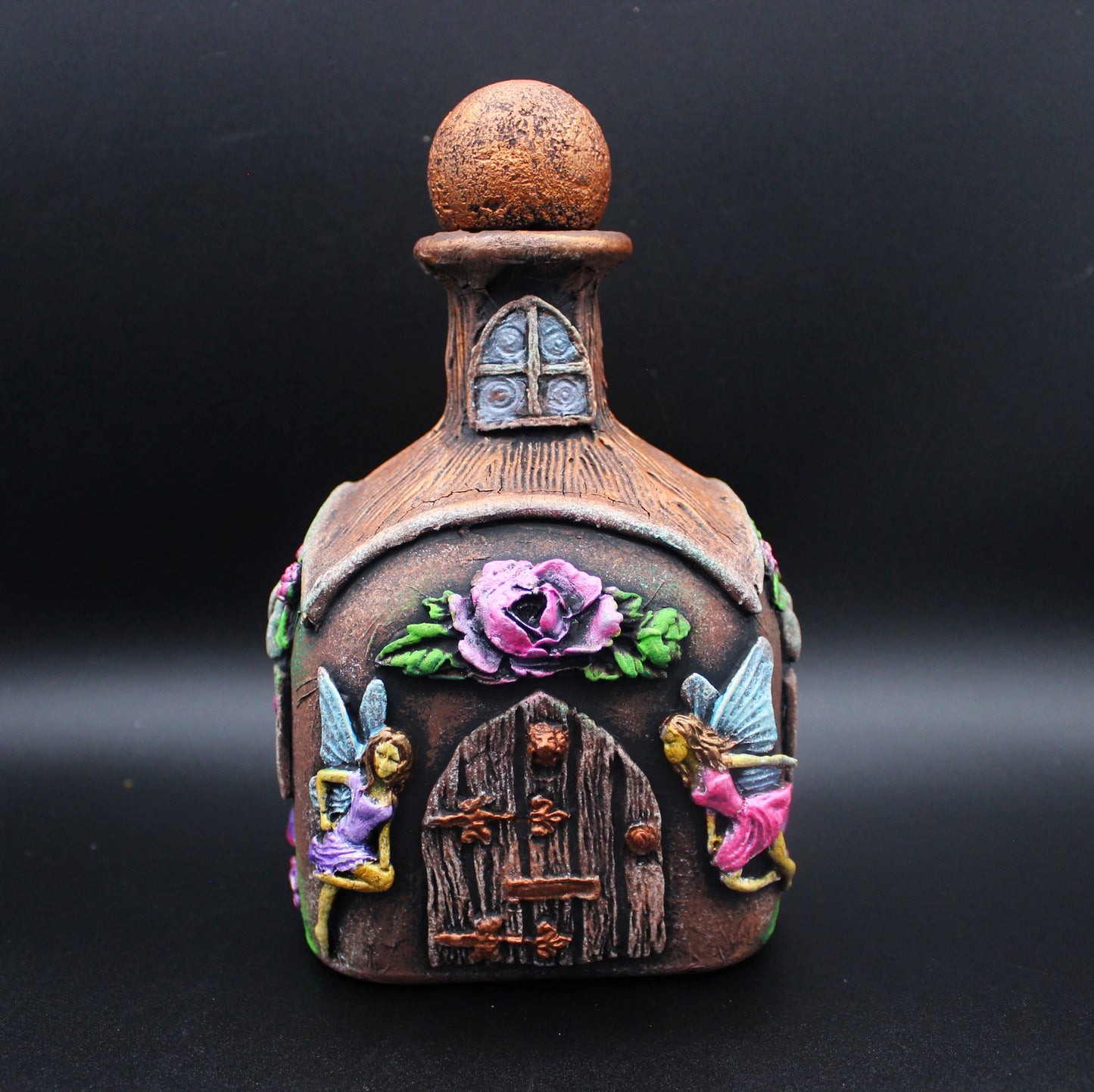 Fairy House Art Bottle.  Handmade Mixed Media Table Decoration.