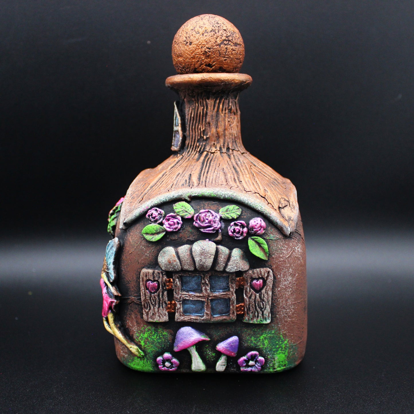 Fairy House Art Bottle.  Handmade Mixed Media Table Decoration.