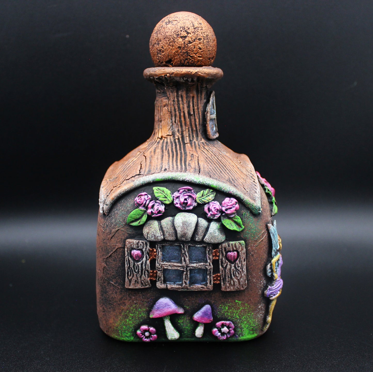 Fairy House Art Bottle.  Handmade Mixed Media Table Decoration.