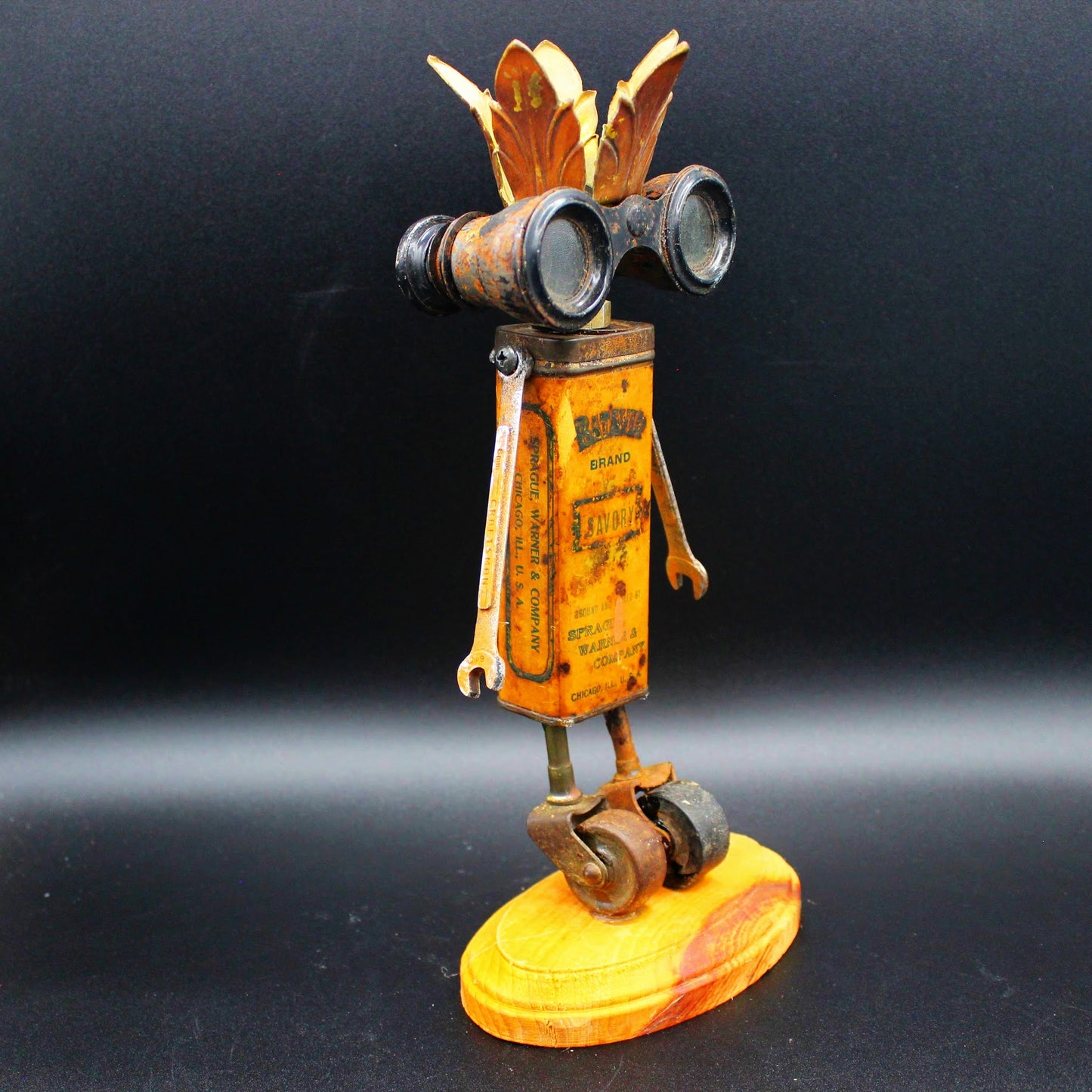 Peaky the Vintage Junk Robot!  Assemblage Art made from a Vintage Tin and Antique Binoculars!