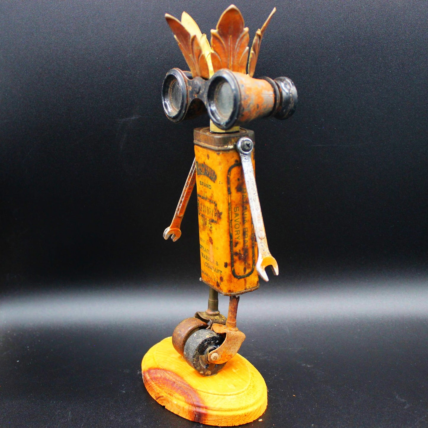 Peaky the Vintage Junk Robot!  Assemblage Art made from a Vintage Tin and Antique Binoculars!