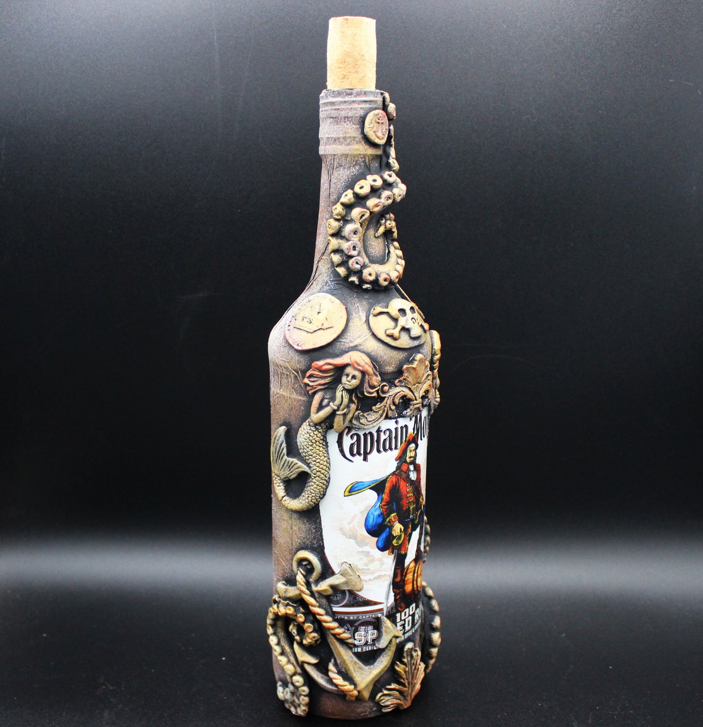 Pirate Rum Mixed Media Art Bottle! Nautical Octopus Decoration!