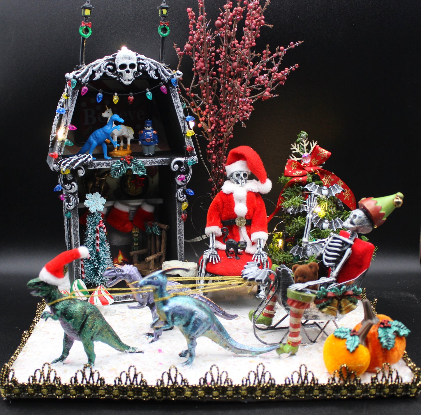 Christmas Meets Halloween Diorama! Quirky Dinosaur, Skeleton Christmas Scene! Goth Christmas.