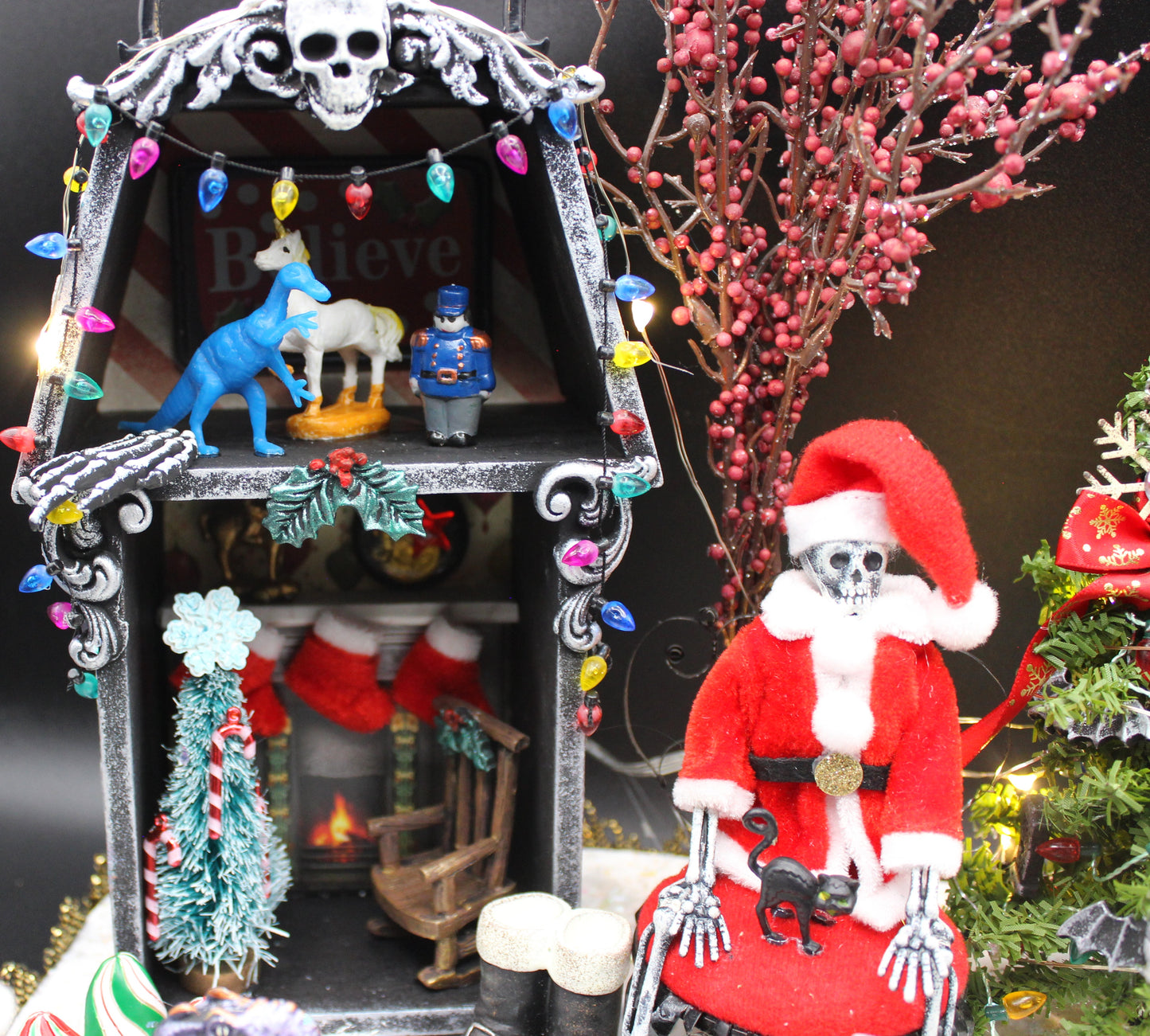 Christmas Meets Halloween Diorama! Quirky Dinosaur, Skeleton Christmas Scene! Goth Christmas.