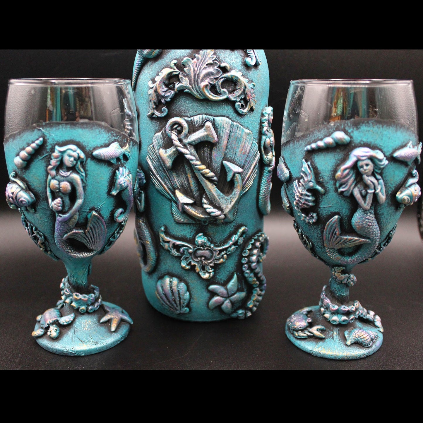 Gorgeous Mermaid Wine Bottle and Wine Glass Set! Nautical Liquor Decanter with Glasses!