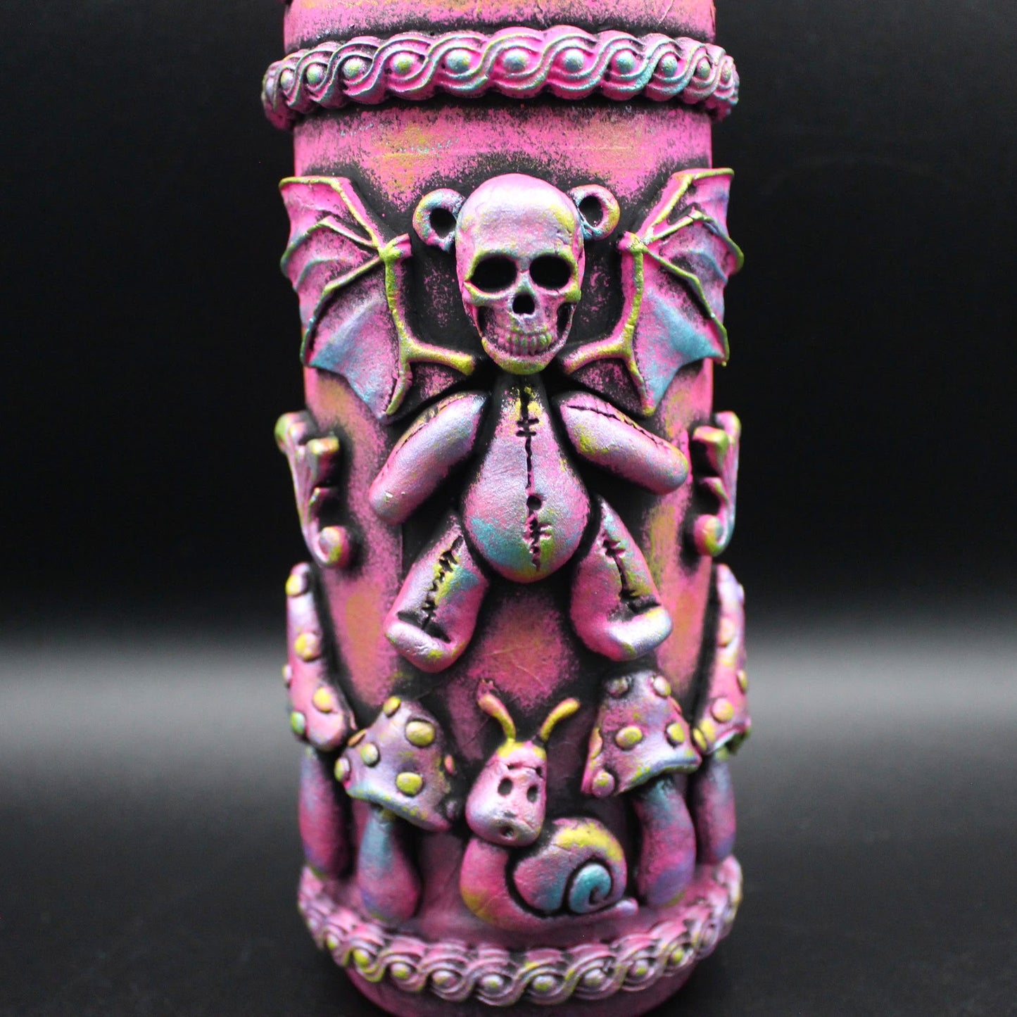 Creepy and Cute Skull Teddy Bear Art Bottle!  Skelton Bear with Mushrooms Decoration!