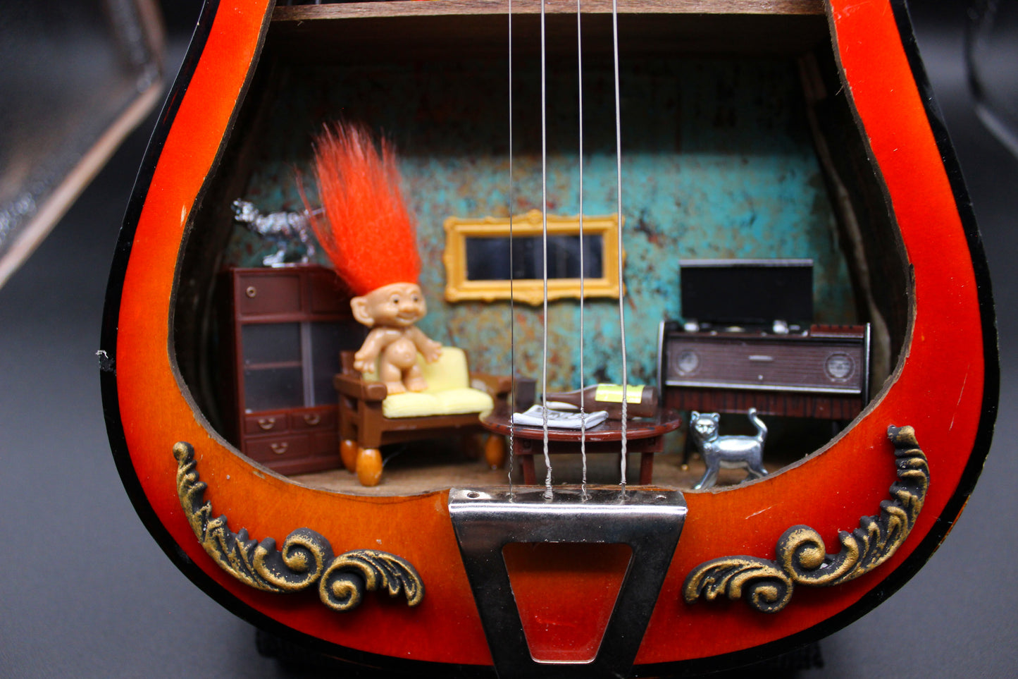 Super Cute and Unusual Guitar Dollhouse!  70's Style Troll Shadowbox!