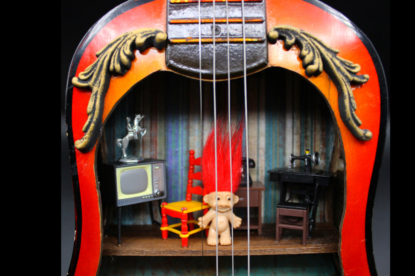 Super Cute and Unusual Guitar Dollhouse!  70's Style Troll Shadowbox!