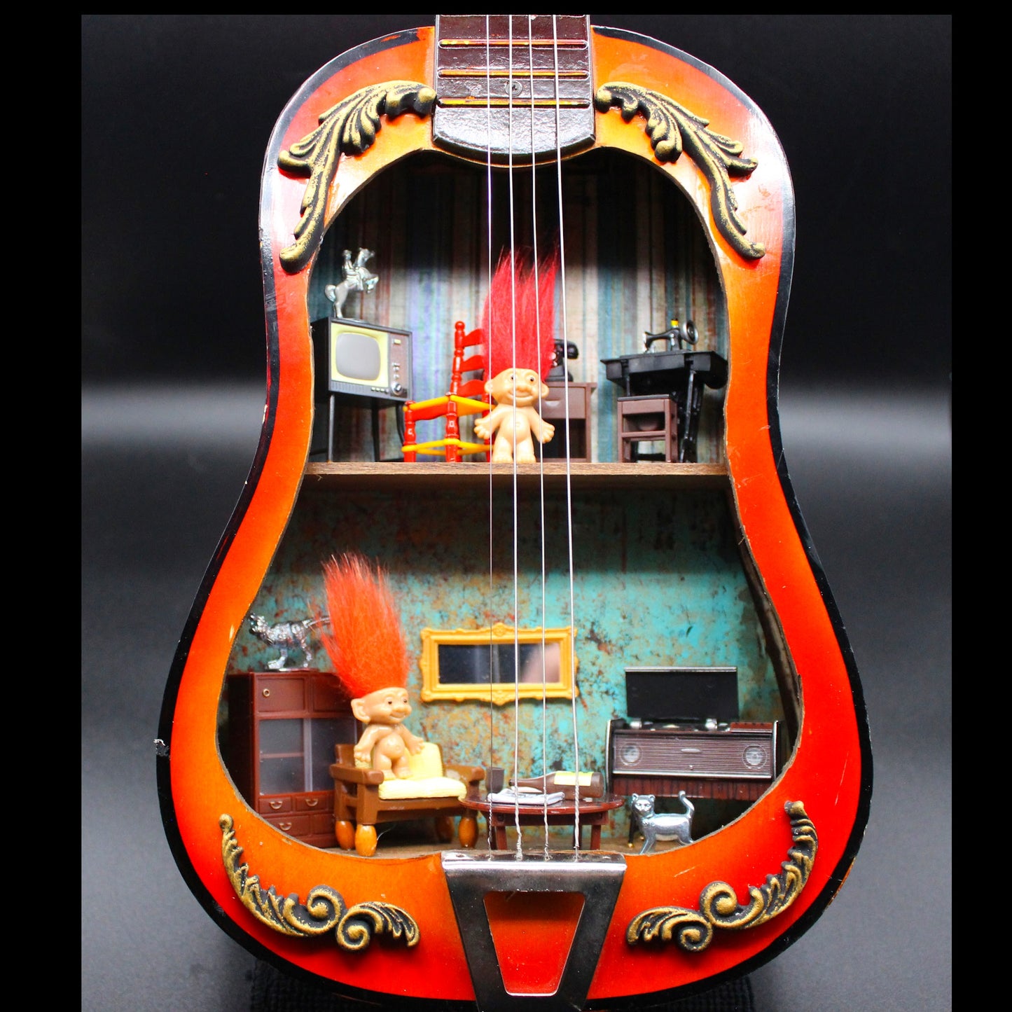 Super Cute and Unusual Guitar Dollhouse!  70's Style Troll Shadowbox!