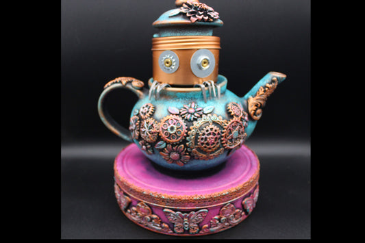 Very Unique Robot Peeping out of a Teapot!  OOAK Tabletop Decoration!