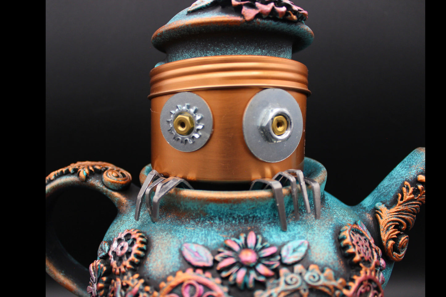 Very Unique Robot Peeping out of a Teapot!  OOAK Tabletop Decoration!