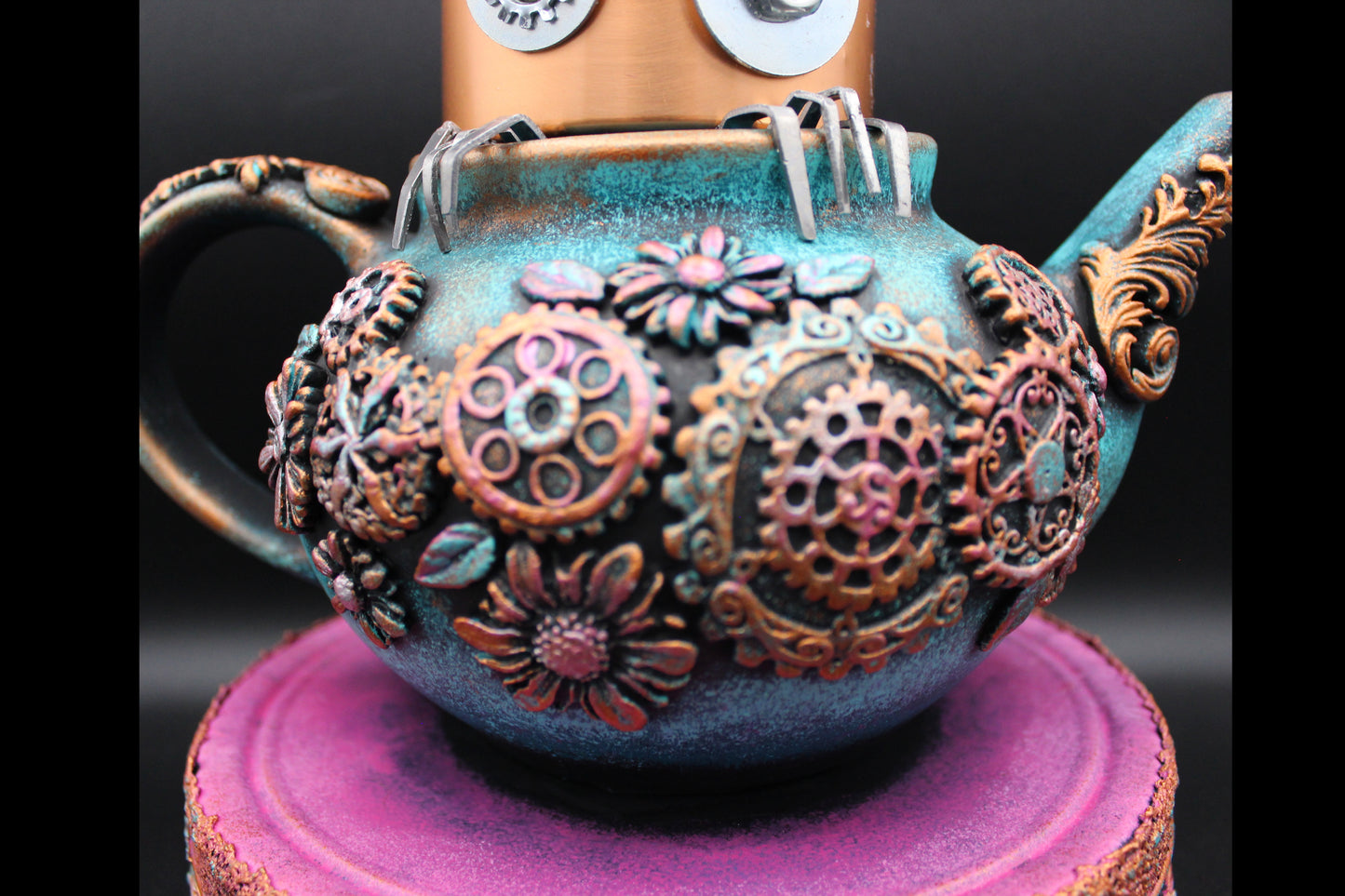 Very Unique Robot Peeping out of a Teapot!  OOAK Tabletop Decoration!