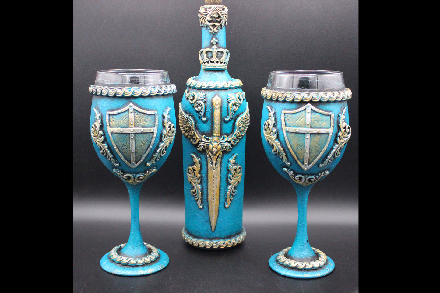 Medieval Wine Bottle and Glasses Set!  Gothic Chalice, Goblet with Sword and Shields!