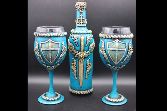 Medieval Wine Bottle and Glasses Set!  Gothic Chalice, Goblet with Sword and Shields!